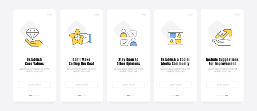 User centric growth mindset strategies onboarding screens. Modern business flow. Strategic consumer engagement. UX UI walkthrough 5 steps. Flat design with icons. Modern mobile app introduction flow