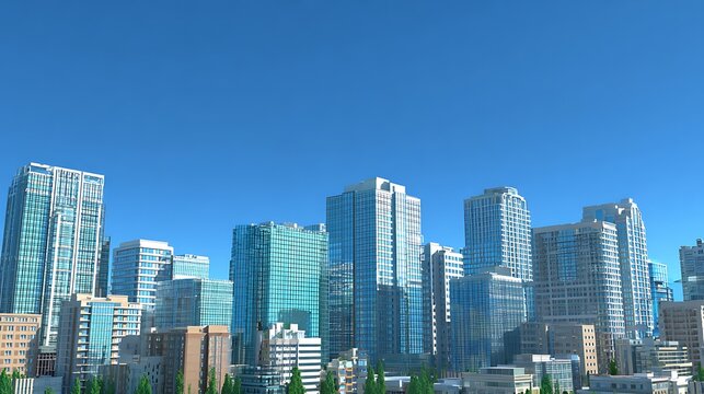 Modern city skyline with tall glass buildings against clear blue sky