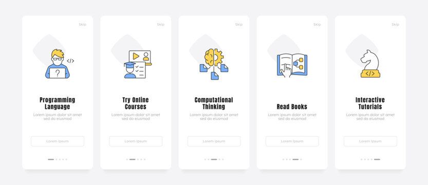 Interactive edtech user experience onboarding screens. Educational tech. Digital curriculum overview. UX UI walkthrough 5 steps. Flat design with icons. Modern mobile app introduction flow