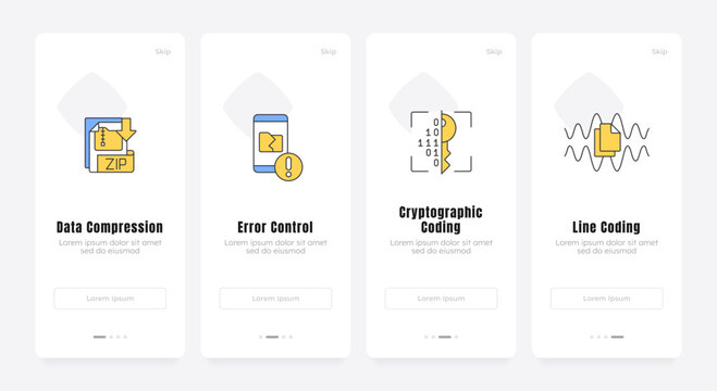 Core backend engineering onboarding screens. Data integrity optimization. Modern information theory principles. UX UI walkthrough 4 steps. Flat design with icons. Modern mobile app introduction flow