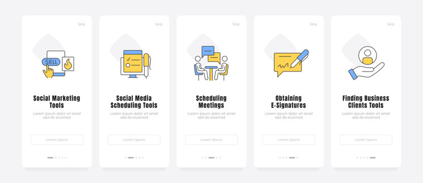 Modern business productivity workflow onboarding screens. Agile workforce operational efficiency. UX UI walkthrough 5 steps. Flat design with icons. Modern mobile app introduction flow