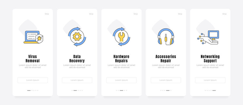 Digital repair service onboarding screens. Tech troubleshooting user flow. Modern device maintenance. UX UI walkthrough 5 steps. Flat design with icons. Modern mobile app introduction flow
