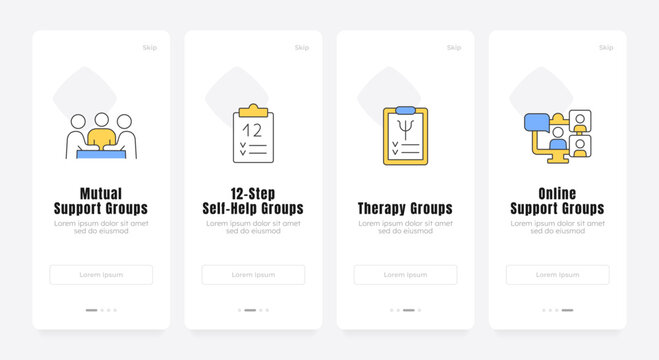 Accessible mental wellness solutions onboarding screens. Therapeutic group care. Psychological health support. UX UI walkthrough 4 steps. Flat design with icons. Modern mobile app introduction flow