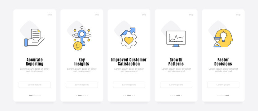 Data driven business value onboarding screens. Digital customer experience. Business growth insights. UX UI walkthrough 5 steps. Flat design with icons. Modern mobile app introduction flow