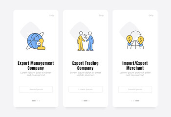 Fototapeta na wymiar Global trade business models onboarding screens. Supply chain logistics. International market expansion. UX UI walkthrough 3 steps. Flat design with icons. Modern mobile app introduction flow