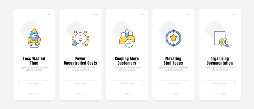 Operational workflows efficiently onboarding screens. Scaling modern business growth. Corporate productivity. UX UI walkthrough 5 steps. Flat design with icons. Modern mobile app introduction flow