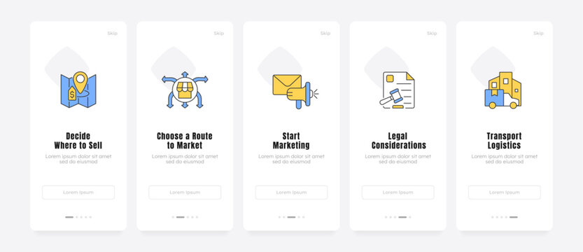 Scalable business growth framework onboarding screens. Product launch phases. Tech startup execution model. UX UI walkthrough 5 steps. Flat design with icons. Modern mobile app introduction flow