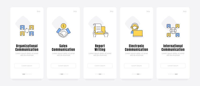 Modern corporate communication onboarding screens. Workforce connectivity and workspace collaboration. UX UI walkthrough 5 steps. Flat design with icons. Modern mobile app introduction flow
