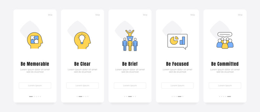 Professional communication skill strategy onboarding screens. Essential workplace guide pillars. UX UI walkthrough 5 steps. Flat design with icons. Modern mobile app introduction flow