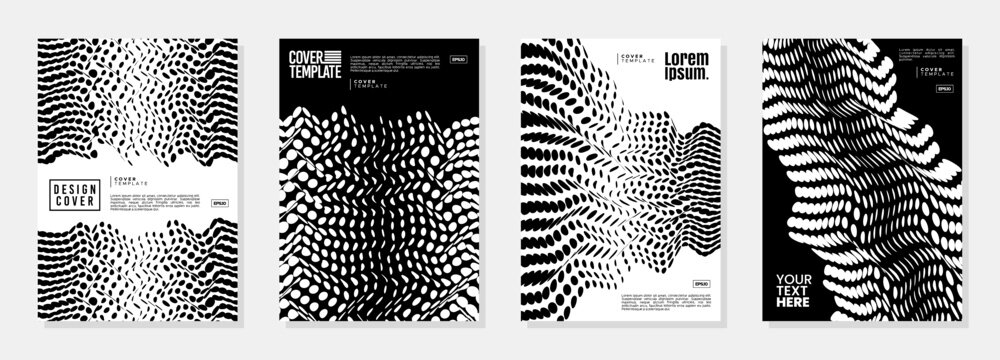 Set of black white wavy 3D halftone circle dot abstract cover