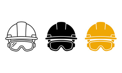 Fototapeta premium Industrial safety helmet and goggles icons, construction hard hat vector set, protective work gear symbols in black and yellow