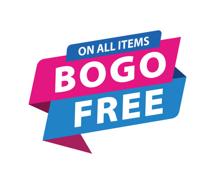 BOGO Free On All Items Pink Blue Ribbon Badge Label Vector Template for Buy One Get One Sale