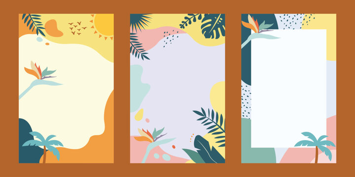 Tropical Summer Social Media Story Frame Templates Set with Palm Trees Leaves and Sun Vector