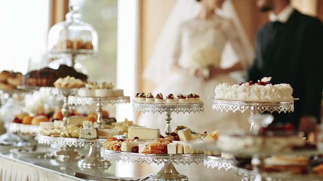 Wedding reception dessert table with bride and groom in background