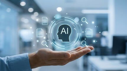 Fototapeta premium Hand holding a floating artificial intelligence icon with document search symbols in an office