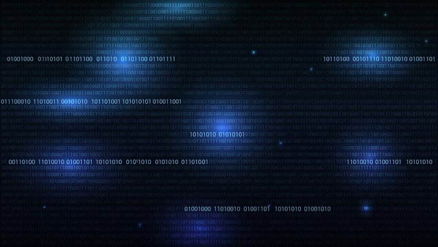 Blue binary code stream on dark background, digital data flow