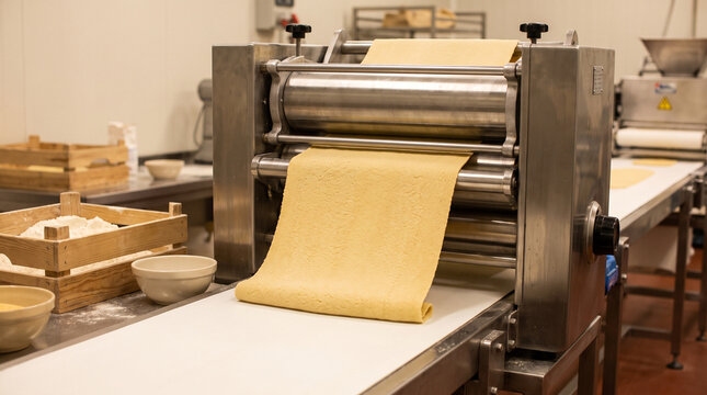 Industrial pasta machine rolling fresh dough sheet on production line