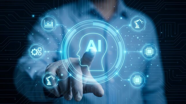 Businessman interacting with a digital artificial intelligence interface and robotic icons