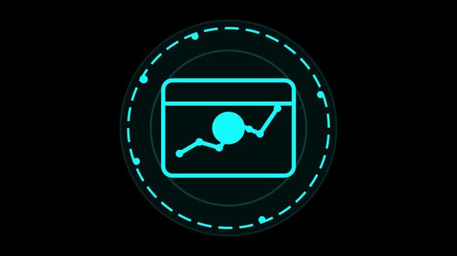 Futuristic Neon Blue Data Analysis Icon with Glowing Digital Chart and Circular HUD Interface Elements on Black Background for Tech Concept