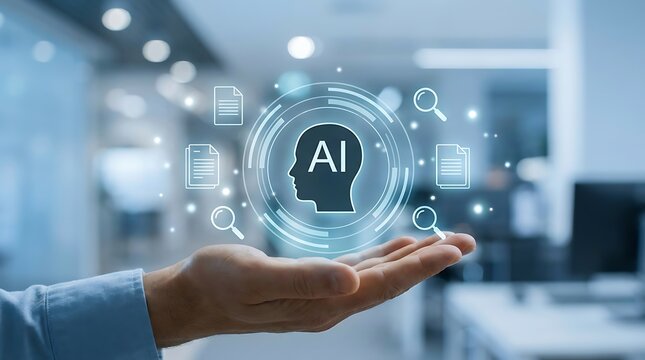Hand holding a floating artificial intelligence icon with document search symbols in an office