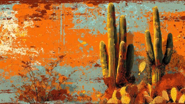 Desert Landscape with Saguaro Cactus and Prickly Pear in Orange and Blue Abstract Style Arizona