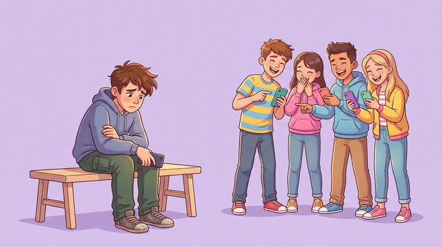 Sad Teenage Boy Bullied by Classmates Using Smartphones Illustration