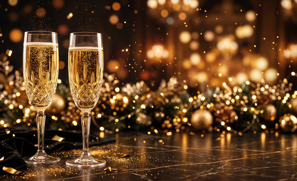 luxury champagne glasses with golden bubbles and festive lights for new year celebration