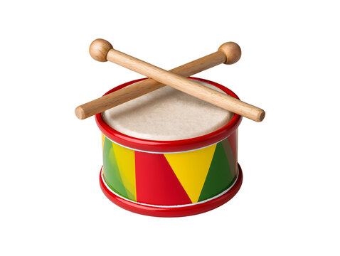 Colorful wooden toy drum with drumsticks isolated on transparent or white background, png