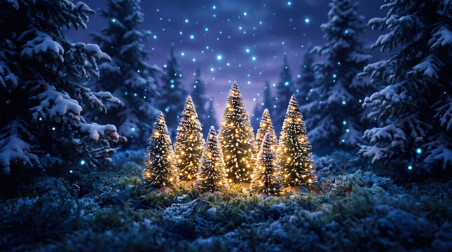 Magical Christmas trees decorated with glowing lights in a snowy winter forest
