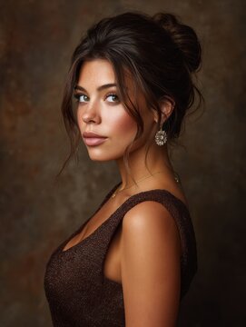 Glamorous woman portrait in brown dress looking over shoulder studio shot with soft lighting and elegant style