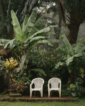 Two white plastic chairs sit in a lush tropical garden under banana trees in a peaceful scene low angle