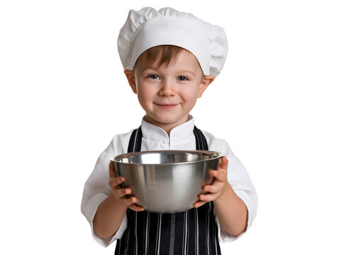 Little boy chef holding empty mixing bowl isolated on transparent or white background, png