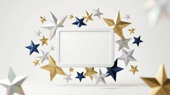 Floating decorative frame surrounded by metallic gold silver and navy blue star shapes