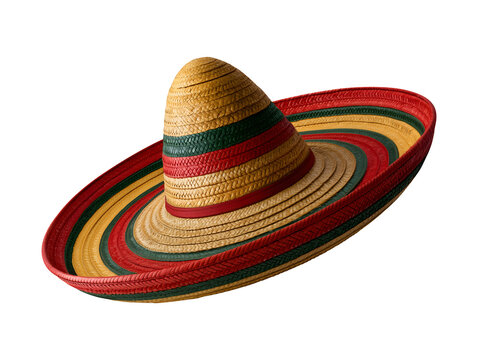 Colorful woven straw Mexican sombrero hat isolated on transparent or white background, png