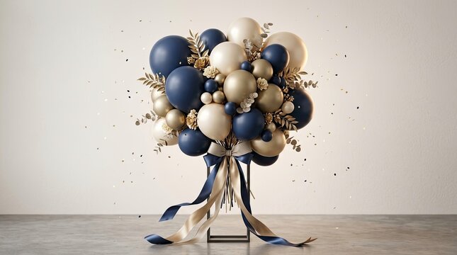 Elegant navy and gold balloon bouquet arrangement with flowing satin ribbons