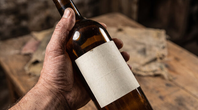 Man holding old wine bottle with empty blank label in rustic cellar
