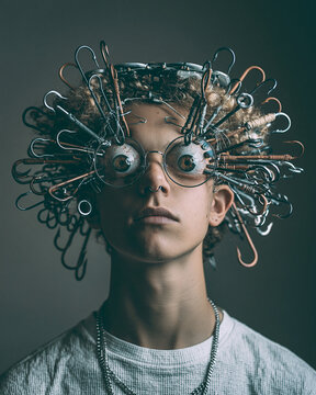 <Eclectic and Vibrant Portrait Photography with Unique Headwear and Quirky Fashion Style>