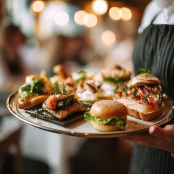 Waitress carrying silver tray of gourmet appetizers at restaurant party close up view food presentation