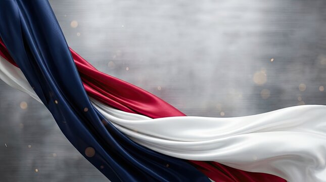 Flowing red white and blue silk fabric waves against a soft gray textured background