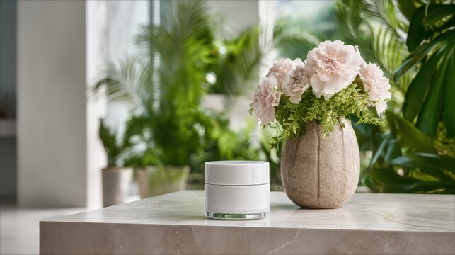 White Cream Jar Mockup Displayed with Pink Flowers in Vase on Marble Countertop in Bright Modern Bathroom