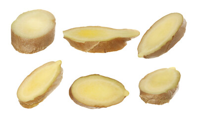 Naklejka premium Set fresh ginger root slice flying, isolated on white background, clipping path