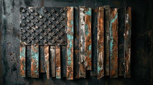 Rustic industrial metal wall art crafted into weathered national flag design pattern