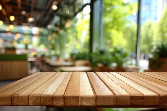 Wooden Tabletop in Restaurant with Blurred Background of Greenery and Natural Light Interior Design Mockup Template