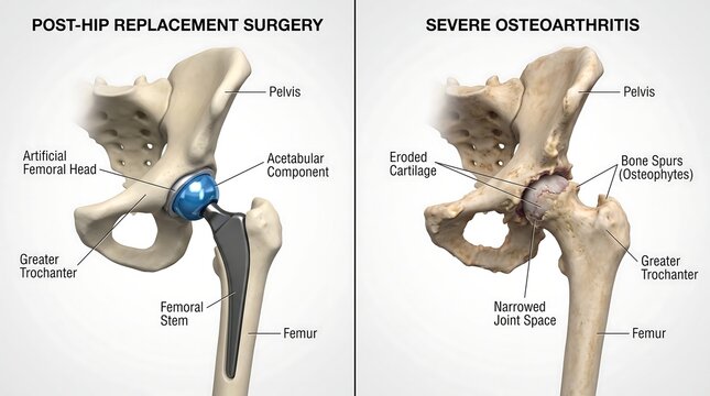 Medical illustration of hip replacement surgery and severe osteoarthritis, anatomical comparison of prosthetic implant and arthritic joint degeneration