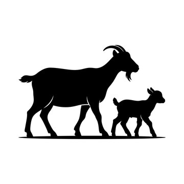 Adult goat and kid walking black silhouette