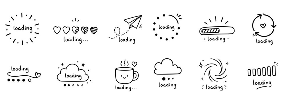 Cute Loading Icons Set, Hand Drawn Loading Bar, Progress Indicator, Doodle UI Elements, Minimal Outline Vector Illustration Collection for App and Website