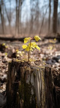Sapling Growing on Stump in Forest Sunlight Low Angle Shot New Life Emerging in Nature
