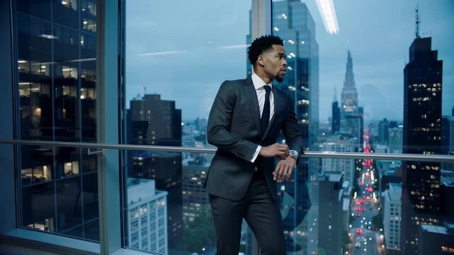 Entering from left, walking man in dark suit pausing, checking watch at full-height glass, skyline
