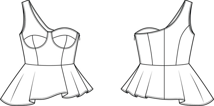 One Shoulder Peplum Bustier Top Technical Fashion Flat Sketch Front and Back Views