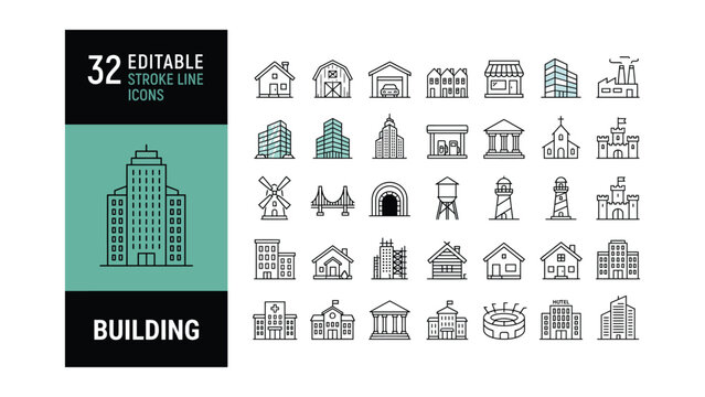 Adobe IlluBuilding icon collection. Including structure, landmark, condominium, government, school, church, hotel, shop, hospital, public buildings, and more. Editable line icons. Vectostrator Artwork